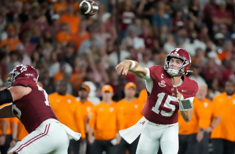 We’re past the halfway mark of the 2025 college football season and the main contenders for the honor of top quarterback are well-established at this point.
Indiana’s undefeated run to a top-five national ranking comes in no small part thanks to quarterback Fernando Mendoza. After the team’s statement win against Oregon on the road, Mendoza continues to impress evaluators as the season continues.
Oregon’s own Dante Moore remains a contender for the top spot as well. Thanks to a better showing in Week 8, Moore and the Ducks could be back on track for a postseason run.
But the biggest development is from a quarterback in Tuscaloosa. Alabama’s Ty Simpson continues to impress as he makes strides in his first season as the Crimson Tide’s starter.
He’s now moved up in our 2026 NFL Draft quarterback prospect rankings to potentially challenge Mendoza later this season. Here’s how the rankings look entering Week 9 and why Simpson’s moved up:
2026 NFL Draft QB prospect rankings
1. Fernando Mendoza, Indiana <em>(last week: 1)</em>
<strong>Week 8 vs. Michigan State</strong>: 24-for-28 (85.7%) passing, 332 yards, four touchdowns; six carries, 17 yards
Michigan State held tough with Indiana for much of the first half but the Hoosiers eventually pulled away thanks in no small part to Mendoza. The top-ranked quarterback in the class was methodical in his precise ball placement all game.
Indiana took less than two minutes to score to open the second half thanks to a beautiful 48-yard touchdown pass from Mendoza to Omar Cooper Jr.
He set a season-high in passing yards with 332 as Michigan State didn’t pressure him nearly as often as Oregon a week prior. Per Pro Football Focus (PFF) data, Mendoza faced four pressures against the Spartans compared to 14 against the Ducks.
Mendoza made the plays you want to see from a No. 1 quarterback in the class, including multiple plays with his feet to gain extra yards. This wasn’t a statement game but a performance that keeps him at the top spot.
Mendoza and Indiana continue Big Ten play at home against upstart UCLA this week.
2. Ty Simpson, Alabama (<em>last week: 3)</em>
<strong>Week 8 vs. Tennessee</strong>: 19-for-29 (65.5%) passing, 253 yards, two touchdowns; four carries, 15 yards
Simpson keeps playing his way into consideration for one of the top spots on this list. His game against Tennessee included so many things that make evaluators excited about what he could be at the NFL level.
Alabama’s first two drives of the first half started inside their own 10-yard line. Simpson’s first completion came on third and 13 from his own 6-yard line. Tight end Josh Cuevas is open at the top of his drop and Simpson backpedals to elude a rusher, resets and fires a pass to him for the first down.
That drive ended in a touchdown pass from Simpson to Isaiah Horton. The next drive started in similar circumstances and Simpson delivered by avoiding a chipped but free runner and placing the ball perfectly to Ryan Williams.
Those two plays are some of the best by any quarterback in the class and he did them in the same half. He’s taking on more pre-snap responsibilities than other quarterbacks in the class as well.
The biggest knock on Simpson is his game experience. He waited behind Bryce Young and Jalen Milroe before finally earning the starting job at the start of the season. But he’s more than familiar with playing the game at a high level; Simpson’s father, Jason, has been head coach at UT-Martin’s FCS football program for 20 years.
He gets bumped above Moore for his impressive play. He’ll have a good test against a talented South Carolina defense this week.
3. Dante Moore, Oregon <em>(last week: 2)</em>
<strong>Week 8 at Rutgers</strong>: 15-for-20 (75.0%) passing, 288 yards, four touchdowns, one interception; three carries, 49 yards
After his worst outing of the season against Indiana, Moore needed a bounce-back performance on the road against Rutgers. Four touchdowns on 20 attempts is a good way to do just that.
Moore pushed the ball more than any other game this year. His average depth of target (ADOT) was a season-high 13.2 yards, per PFF data. This wasn’t a result of long-developing routes that he waited for, though. His average time to throw was 2.64 seconds – his third-lowest average of the season.
His first touchdown pass of the game was on a throw up the seam to top tight end prospect Kenyon Sadiq. It was placed well to ensure only Sadiq could catch it and he crossed the goal line for the score.
Moore’s deep ball abilities were on full display in this contest. Deep shots late in the first half were perfectly layered to offer yards-after-catch to his receivers, including this shot to tight end Jamari Johnson.
Moore’s lone interception came on his second-to-last pass of the game: a quick slant in which Ducks wide receiver Gary Bryant Jr. was pressed out of the way by Rutgers defensive back Cam Miller. That’s far from pure quarterback error. Four plays earlier, Moore showed off his mobility with a 35-yard scramble to get the Ducks across midfield.
Moore played better against lesser Big Ten competition in Week 8. He’ll need to continue building on that against Wisconsin at home this week.
4. LaNorris Sellers, South Carolina <em>(last week: 4)</em>
<strong>Week 8 vs. Oklahoma</strong>: 17-for-26 (65.4%) passing, 124 yards, one touchdown; eight carries, 44 yards
Sellers had one of his better days as a passer against the Sooners in Week 8. Oklahoma’s defense heated him up with 17 pressures and six sacks, per PFF data. But he countered that well and got the ball out in 3.02 seconds on average – his second-quickest mark of the season – and did not turn the ball over.
He got South Carolina in the end zone for the first time in the game by hanging in the pocket against pressure on fourth and goal to find wideout Nyck Harbor for the touchdown.
That play encapsulates a lot of what Sellers was dealing with all game. Oklahoma’s pressure repeatedly forced scrambles and, thanks to his outlier athleticism, Sellers kept the South Carolina offense afloat.
South Carolina stayed in shotgun in the deep red zone often, likely as a result of Oklahoma’s pressure looks. Against a less pressure-happy team we could see more of how Sellers has developed as a passer.
He may not get much of a break this week against Alabama. Still, he remains the quarterback with the most tools and highest ceiling in this class.
5. Garrett Nussmeier, LSU <em>(last week: 5)</em>
<strong>Week 8 at Vanderbilt:</strong> 19-for-28 (67.9%) passing, 225 yards, two touchdowns
LSU lost for the second time this season on the road against Vanderbilt and Nussmeier had a solid if unspectacular game.
The offense went with the quick game for the first quarter to get Nussmeier into a rhythm early on versus an aggressive Commodores defense. He bought time and evaded pressure on his first touchdown of the game to Trey’Dez Green.
Nussmeier finished the day with a 5.9-yard ADOT which is his second-lowest mark of the season, per PFF data. He managed to stay turnover-free for the first time in a month despite getting pressured 13 times and sacked twice.
Facing a second-half deficit, Nussmeier and the offense went with more deep shots that weren’t as successful as hoped. He escaped without any turnovers but struggled to connect and keep the Tigers alive.
He may be forced into a similar game plan in Week 9 against a stout Texas A&M front.
6. John Mateer, Oklahoma <em>(last week: 6)</em>
<strong>Week 8 at South Carolina:</strong> 19-for-27 (70.4%) passing, 155 yards, one touchdown; eight carries, 24 yards
Mateer’s poor performance against Texas in Week 7 was the lowlight of his season so far. Against South Carolina, he was better against a solid defense thanks to a solid game plan.
Mateer set season-lows in ADOT (4.1 yards) and time to throw (2.1 seconds), according to PFF data. Oklahoma relied on quick passing to neutralize the Gamecocks’ pass rush and he only faced four pressures all game. By comparison, Nussmeier had a 5.9-yard ADOT and 2.58-second time to throw against South Carolina in Week 7 and was pressured 13 times.
That game plan didn’t afford many wow throws for the Sooners’ passer but he still had some highlights. His lone touchdown of the game came on a perfect shot to wideout Isaiah Sategna III down the far sideline.
He continued to showcase his functional scrambling by picking up a pair of first downs with his legs, including a third and 4 conversion early on in the second half.
Oklahoma’s back at home to face Ole Miss in Week 8. That should be a chance for Mateer to press more as a passer.
7. Jayden Maiava, USC (<em>last week: 8)</em>
<strong>Week 8 at Notre Dame:</strong> 22-for-42 (52.4%) passing, 328 yards, two touchdowns, two interceptions
Maiava and USC struggled on the road against a talented Notre Dame defense featuring future NFL players at multiple positions. USC started with quick passes to get Maiava a rhythm and were rewarded with an impressive throw for a touchdown from Maiava to tight end Lake McRee.
Maiava’s ball placement put the ball exactly where only McRee could get it and in bounds. He showed similarly impressive touch on a 59-yard touchdown throw to Ja’Kobi Lane in the third quarter.
Turnovers doomed the Trojans’ hopes at a road win over the Irish, including Maiava’s first interception on an underthrown ball in the face of pressure. His second pick came on a desperation heave with just more than a minute remaining.
Considering what else he put on film from this game, we aren’t going to penalize him too heavily for those mistakes. He moves up a spot ahead of the Trojans’ bye.
8. Sam Leavitt, Arizona State (<em>last week: 7)</em>
<strong>Week 8 vs Texas Tech:</strong> 25-for-32 (78.1%) passing, 260 yards, two touchdowns, one interception; eight carries, 31 yards, one fumble
Leavitt rounds out the top eight prospects this week after a solid performance in Arizona State’s upset win over Texas Tech. The Red Raiders’ pass rush is one of the best in country powered by potential Round 1 NFL Draft pick David Bailey.
Texas Tech pressured Leavitt 15 times, per PFF data, the most he’s faced in a game this season. They got to him for four sacks as well but he used his legs to extend plays, including a 49-yard pass to Jaren Hamilton in the first quarter to set up the Sun Devils’ first points of the game.
He hit Hamilton again for another highlight throw to bring the Sun Devils in field goal range late in the first half. Leavitt’s escapability was on full display in the second half as well to convert in the red zone.
He may not be as refined a passer as others ahead of him on this list but he continues to make key plays in key moments for the Sun Devils against top competition. Arizona State is home again this week against Houston.
<em>Next two up: Carson Beck, Miami; Brendan Sorsby, Cincinnati</em>
This post appeared first on USA TODAY